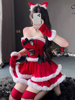 พรีออเดอร์ : ชุดซานตี้ ชุดคริสต์มาส ชุดเซ็ต 5 ชิ้น : เกาะอก + กระโปรง + ถุงมือ + คาดผมหูแมว + ปลอกคอ