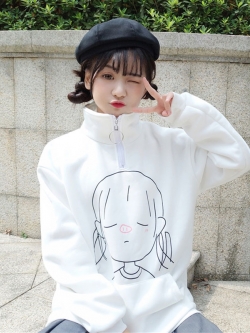 พรีออเดอร์ : เสื้อกันหนาวแขนยาวแฟชั่นสไตล์ญี่ปุ่นพิมพ์ลายการ์ตูน รุ่นคอสูงสามารถรูปซิปที่คอลงมาเป็นปกคอเสื้อได้