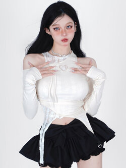 Shaoyeyan : พรีออเดอร์ เสื้อแฟชั่นเปิดไหล่แขนยาวแต่งลูกไม้ แบรนด์แท้