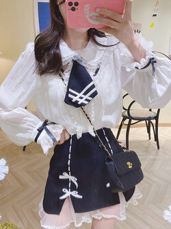 Summer Joy : พรีออเดอร์ เสื้อเชิ้ตแฟชั่นสไตล์ญี่ปุ่น แขนยาวแต่งสายริบบิ้น (มีให้เลือก 3สี) เว้าช่วงคอ + เนคไทเข้าชุด แบรนด์แท้