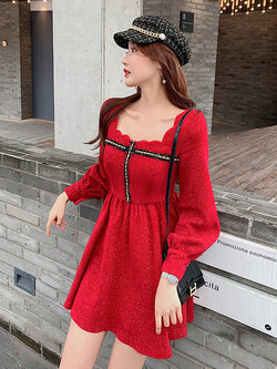 Palglg : พรีออเดอร์ เดรสผ้าถักแฟชั่นสีแดงสไตล์เกาหลี แขนยาว ติดซิปด้านหลัง แบรนด์แท้