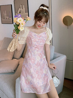 Palglg : พรีออเดอร์ เดรสแฟชั่นสไตล์กี่เพ้าประยุกต์ ผ้าข้าง สีชมพูหวาน ช่วงบนประดับมุก แบรนด์แท้