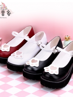 Angelic imprint : พรีออเดอร์ รองเท้าแฟชั่นสไตล์ญี่ปุ่น แบบหวานน่ารัก ประดับลายเท้าแมวตามแบบ หนัง PU รุ่นพื้นดำ สูง 5 ซม. แบรนด์แท้