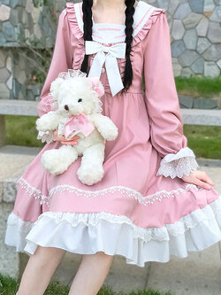 พรีออเดอร์ : เดรสแฟชั่นสไตล์โลลิต้าหวานๆ น่ารักๆ แขนยาว เนื้อกำมะหยี่ จั๊มเอวสูงใต้อก มีให้เลือก 2สี