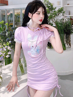 Summer Joy : พรีออเดอร์ เดรสแฟชั่นสไตล์หวานเซ็กซี่เข้ารูป พิมพ์ลายกระต่าย แบรนด์แท้