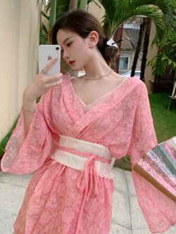 พรีออเดอร์ ชุดเซ็ทแฟชั่นสไตล์ญี่ปุ่น (ราคาแยกชิ้น) ชุดเดรสสายเดี่ยวซับใน / เสื้อคลุมกิโมโน+เข็มขัดรัดเอว (งานเกรดทั่วไป)