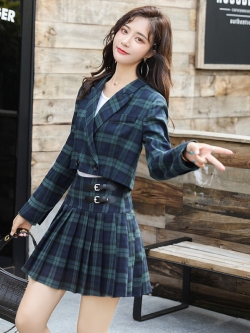 พรีออเดอร์ : ชุดเซ็ทแฟชั่นสไตล์เกาหลีญี่ปุ่น เสื้อสูทลายสก็อตสีเขียวแขนยาว + กระโปรงลายสก็อตเข้าชุดแต่งสายเข็มขัดด้านข้างตามแบบ