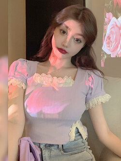 พรีออเดอร์ : เสื้อแฟชั่นสไตล์เกาหลีแบบหวาน สีม่วงน่ารักๆ