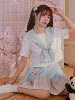 SNBL Girl : เสื้อแฟชั่นสไตล์ยูนิฟอร์มสีขาวฟ้า แต่งกระดุมจีน ปกกะลาสีพิมพ์ลายแพนด้าตามแบบ แบรนด์แท้