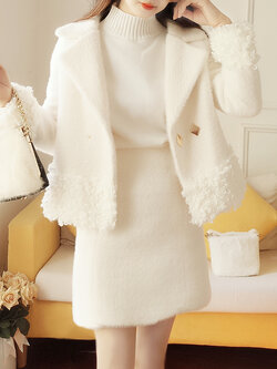 พรีออเดอร์ : ชุดเซ็ท 2 ชิ้นแฟชั่นสไตล์เกาหลี เสื้อสูทกันหนาวผ้าขนสัตว์ + กระโปรงเข้าชุด มีให้เลือก 2สี