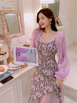 Palglg : พรีออเดอร์ เดรสยาวแม็กซี่แฟชั่นสไตล์เกาหลี แบบหวานลายดอกไม้สีม่วง แต่งผ้ามุ้งตามแบบ งานแบรนด์