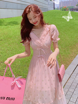 Palglg : พรีออเดอร์ เดรสยาวแฟชั่นสไตล์เกาหลีหวานๆ สีส้มอ่อนพิมพ์ลายจุดแบบเกล็ดเลื่อม คอวี แบรนด์แท้