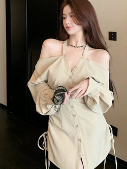 พรีออเดอร์ : เดรสเชิ้ตแฟชั่นเปิดไหล่แขนยาวติดกระดุมด้านหน้า (รุ่นไซส์เริ่มต้นปกติ)