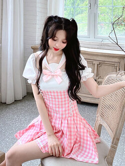 Summer Joy : พรีออเดอร์ ชุดเดรสแฟชั่นลายสก็อตน่ารักๆ แต่งปกกะลาสี แบรนด์แท้ ( สินค้าเฉพาะชุดไม่รวมหมวก )