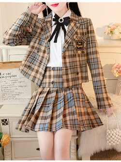 พรีออเดอร์ : ชุดเซ็ท 2 ชิ้นแฟชั่นสไตล์เกาหลี กระดุมลายสองสีวินเทจ เสื้อสูทลายสก็อต + กระโปรงลายสก็อตจีบรอบเข้าเซ็ท มีให้เลือก 2 สี