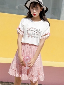 เสื้อยืดคอกลมแขนสั้นพิมพ์ลายกระต่ายหวานๆ สไตล์ญี่ปุ่น