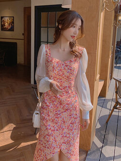 Palglg : พรีออเดอร์ เดรสแฟชั่นสไตล์เกาหลีสีส้มลายดอกไม้ แขนยาว แบรนด์แท้