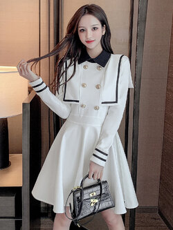 พรีออเดอร์ : เดรสแฟชั่นสไตล์เกาหลียาวประมาณเข่า แขนยาว แต่งปกคอ ติดซิปด้านหลัง มีให้เลือก 2สี