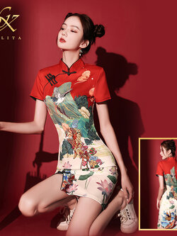 พรีออเดอร์ : ชุดกี่เพ้า ชุดตรุษจีน ชุดจีน เดรสสั้นรุ่นพิมพ์ลาย สีแดง