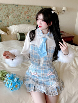 Summer Joy : พรีออเดอร์ ชุดเซ็ทแฟชั่นสไตล์หวานฤดูหนาว (ราคาแยกชิ้น) เสื้อแขนยาว (สินค้าไม่รวมขนมิ้งปลอกแขน) และ กระโปรงลายสก็อตตามแบบ แบรนด์แท้