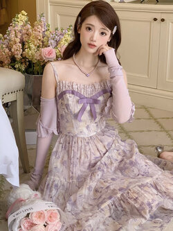 Acaine : พรีออเดอร์ เดรสยาวแฟชั่นสไตล์หวาน เดรสสายเดี่ยวพิมพ์ลาย แบรนด์แท้