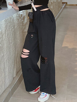 Girly Fancy Club : พรีออเดอร์ กางเกงขายาวลำลองขอบเอวสูงยืด ทรงขากว้างแต่งขาด มีให้เลือก 2สี แบรนด์แท้