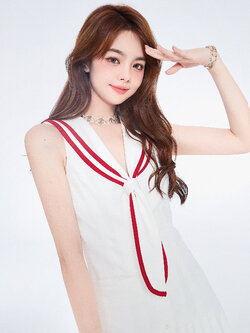 Girly Fancy Club : พรีออเดอร์ เดรสแขนกุดแฟชั่นสไตล์ญี่ปุ่นแต่งปกกะลาสีแบบคอวี หน้า-หลัง แบรนด์แท้