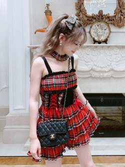 Summer Joy : พรีออเดอร์ เดรสแขนกุดสีแดงลายสก็อคสไตล์ญี่ปุ่น แต่งระบายตามแบบ แบรนด์แท้