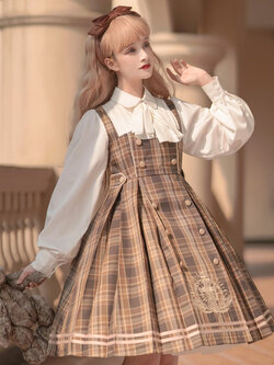 Preorder : เดรสแฟชั่นโลลิต้าลายสก็อตตัดต่อเสื้อเชิ้ตแขนยาวสีขาวตามแบบ (เสื้อคลุมราคาแยกชิ้น) มีให้เลือก 2สี