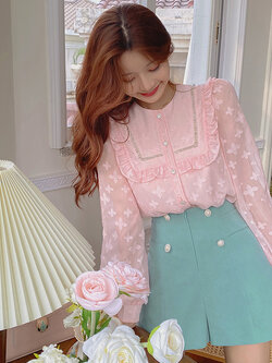 Palglg : พรีออเดอร์ เสื้อเชิ้ตแฟชั่นแขนยาวสีชมพูหวาน แบรนด์แท้