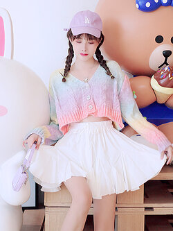 พรีออเดอร์ : เสื้อคลุมสเวตเตอร์สีรุ้งพาสเทลน่ารักๆ ช่วงแขนถักเชอร์รี่ ติดกระดุมหน้า (โทนสีที่ไล่ระดับแต่ละชุดจะแตกต่างกัน)