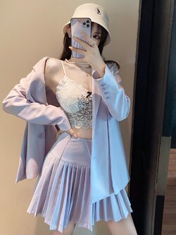 Girly Fancy Club : พรีออเดอร์ ชุดสูทแฟชั่นสีม่วงพาสเทล เสื้อสูทแขนยาวทรงโอเวอร์ไซส์ และ กระโปรงจีบรอบ งานแบรนด์ (ราคาแยกชิ้น)