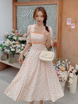 Palglg : พรีออเดอร์ เดรสยาวแฟชั่นสไตล์เกาหลีหวานๆ ลายดอกไม้สีส้ม แบรนด์แท้