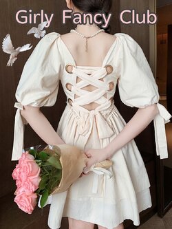 Girly Fancy Club : พรีออเดอร์ เดรสแฟชั่นสไตล์หวานเซ็กซี่ สีแอปริคอท เปิดหลัง มีสายผูกไขว้ด้านหลังผูกโบว์ แบรนด์แท้