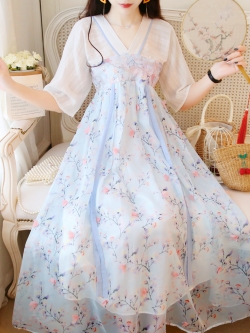 พรีออเดอร์ : Hanfu เดรสยาวชีฟองสไตล์จีนวินเทจประยุกต์ แบบสวยหวาน มีให้เลือก 3 สีค่ะ