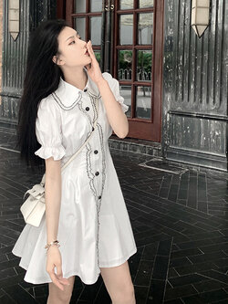 พรีออเดอร์ : ชุดเดรสสั้นสีขาวน่ารักๆ แขนสั้น สไตล์เกาหลี