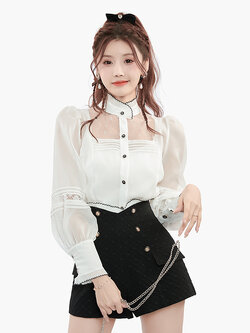 Palglg : พรีออเดอร์ ชุดเซ็ตแฟชั่น (ราคาแยกชิ้น) เสื้อเชิ้ตแขนยาว+เสื้อสายเดี่ยว / กางเกงขาสั้นสีดำเอวสูง แบรนด์แท้